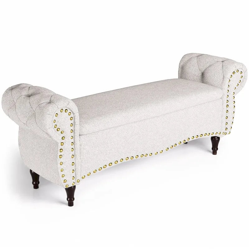 53 in. Upholstered Storage Bench with Tufted Design, Rolled Arms and Safety Hinge