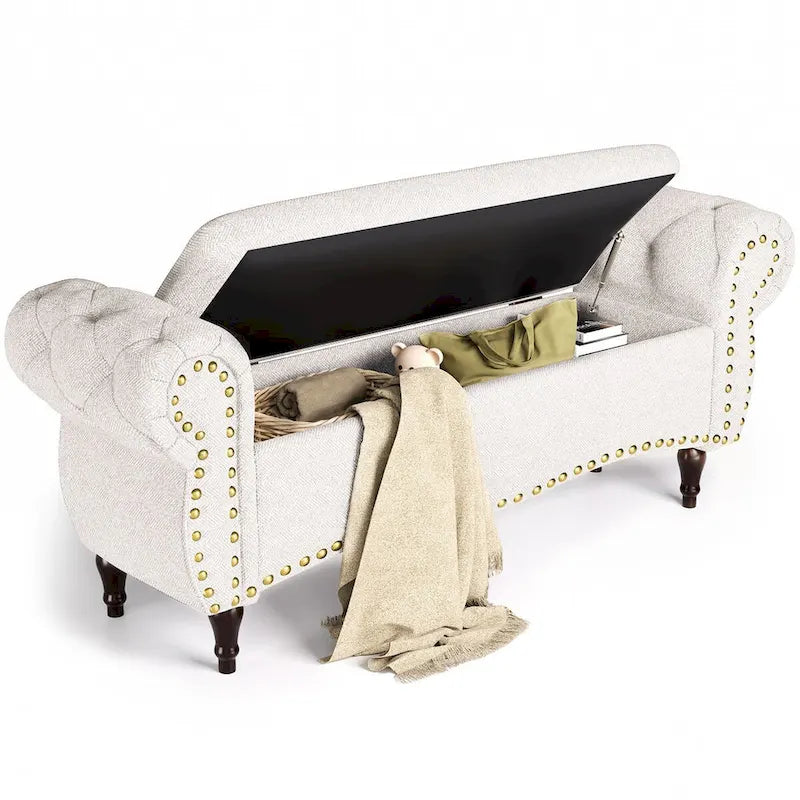 53 in. Upholstered Storage Bench with Tufted Design, Rolled Arms and Safety Hinge