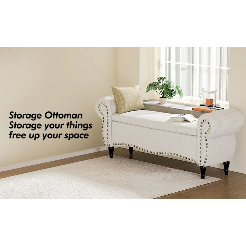 53 in. Upholstered Storage Bench with Tufted Design, Rolled Arms and Safety Hinge