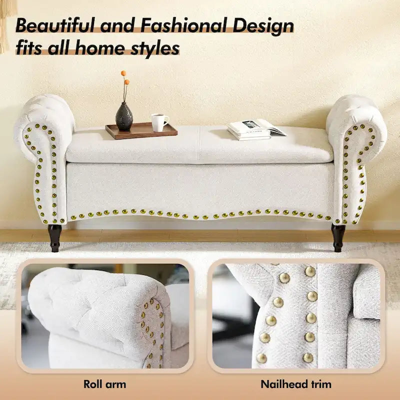 53 in. Upholstered Storage Bench with Tufted Design, Rolled Arms and Safety Hinge