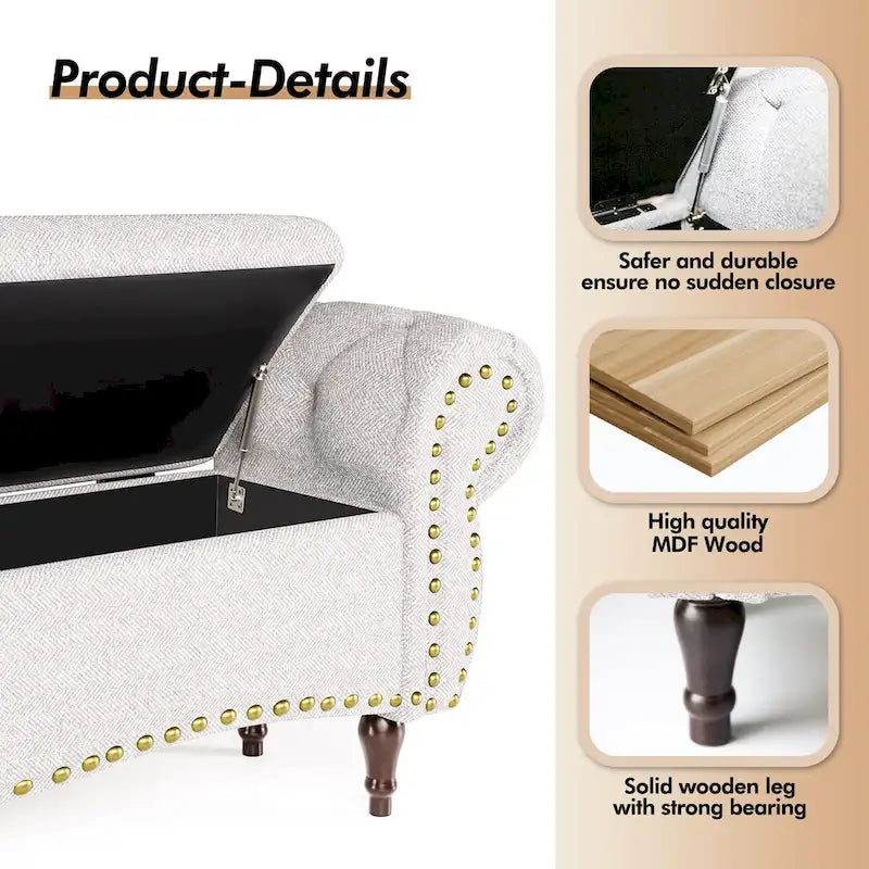 53 in. Upholstered Storage Bench with Tufted Design, Rolled Arms and Safety Hinge