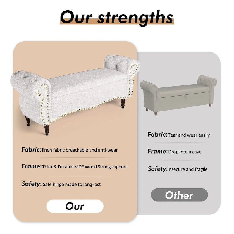53 in. Upholstered Storage Bench with Tufted Design, Rolled Arms and Safety Hinge