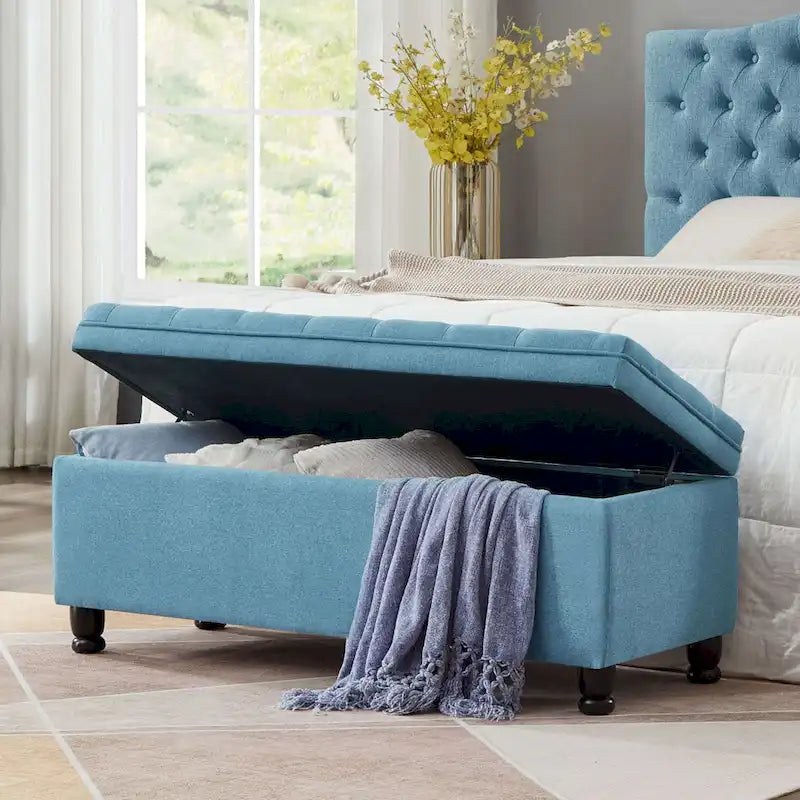 Panca pouf contenitore con rivestimento trapuntato e vano contenitore nascosto