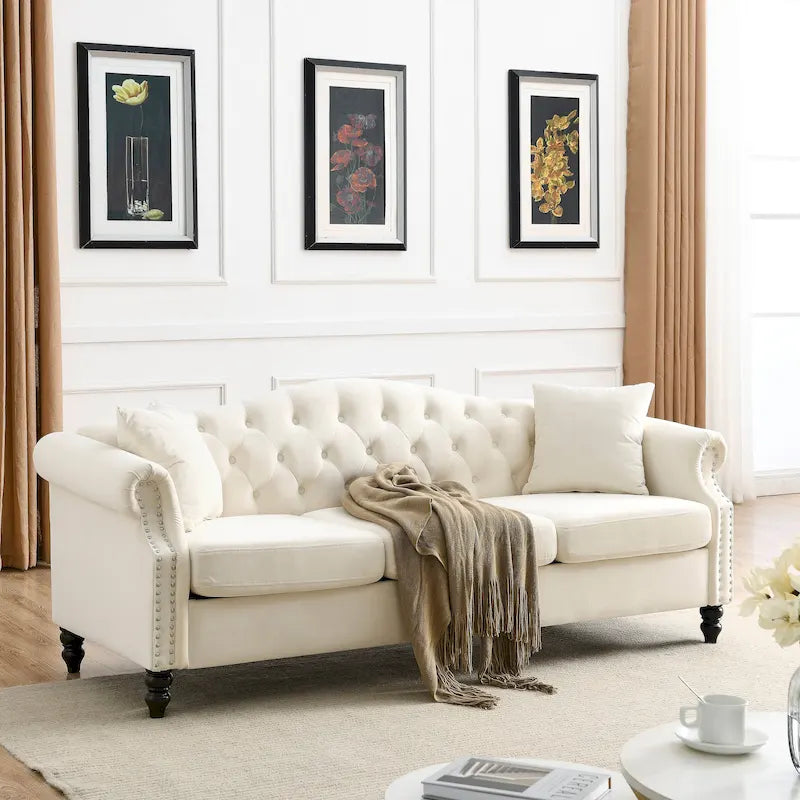3-Seater Upholstered Tufted Sofa with Rolled Arms and Nailhead Trim