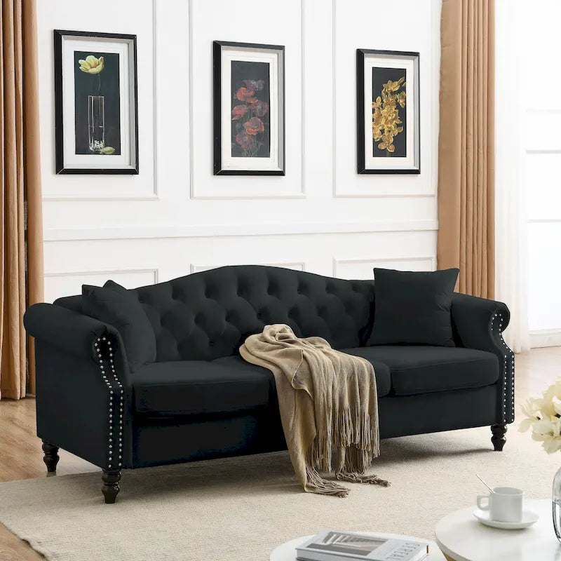 3-Seater Upholstered Tufted Sofa with Rolled Arms and Nailhead Trim