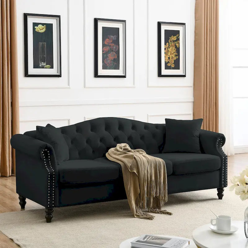 3-Seater Upholstered Tufted Sofa with Rolled Arms and Nailhead Trim