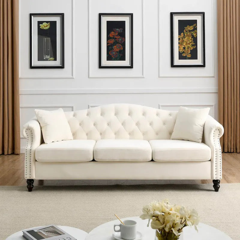 3-Seater Upholstered Tufted Sofa with Rolled Arms and Nailhead Trim