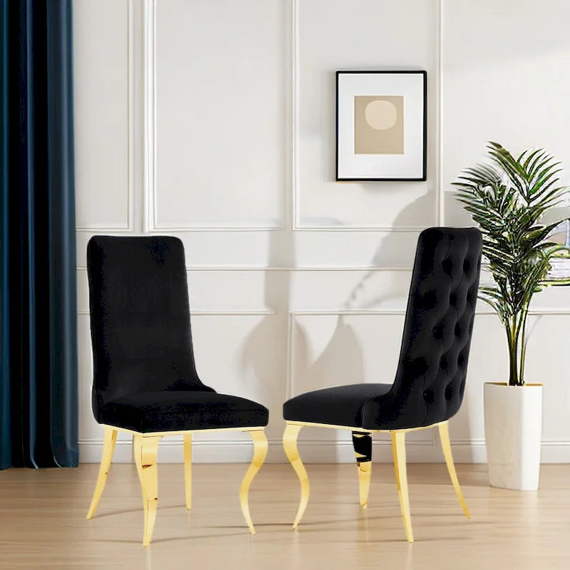 Sedie da pranzo in velluto nero trapuntato con gambe in metallo dorato (set da 2)
