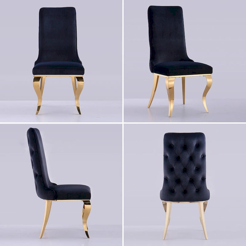 Sedie da pranzo in velluto nero trapuntato con gambe in metallo dorato (set da 2)