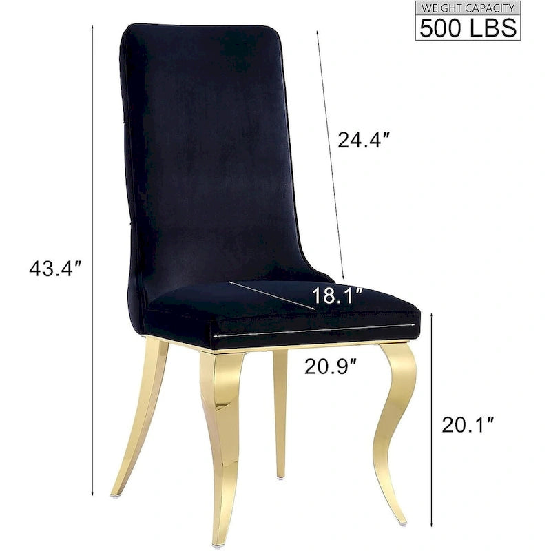 Sedie da pranzo in velluto nero trapuntato con gambe in metallo dorato (set da 2)