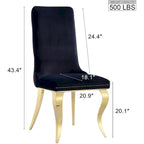 Sedie da pranzo in velluto nero trapuntato con gambe in metallo dorato (set da 2)