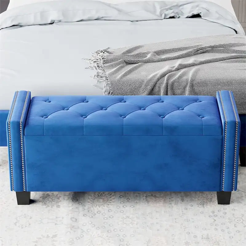 Velvet Storage Ottoman Bench with Tufted Buttons and Rivet Detail