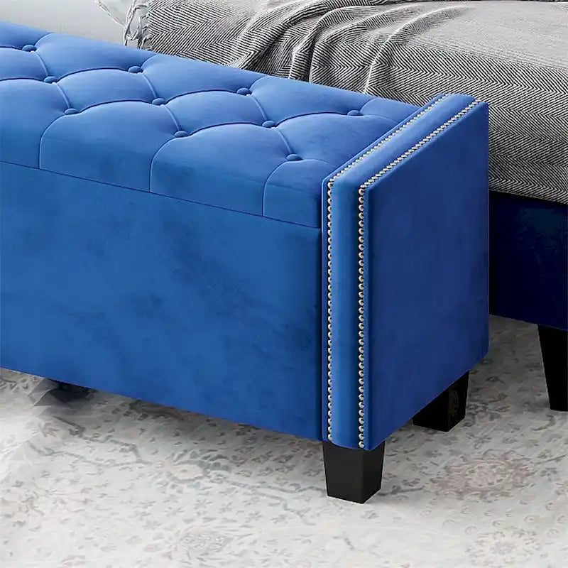Velvet Storage Ottoman Bench with Tufted Buttons and Rivet Detail
