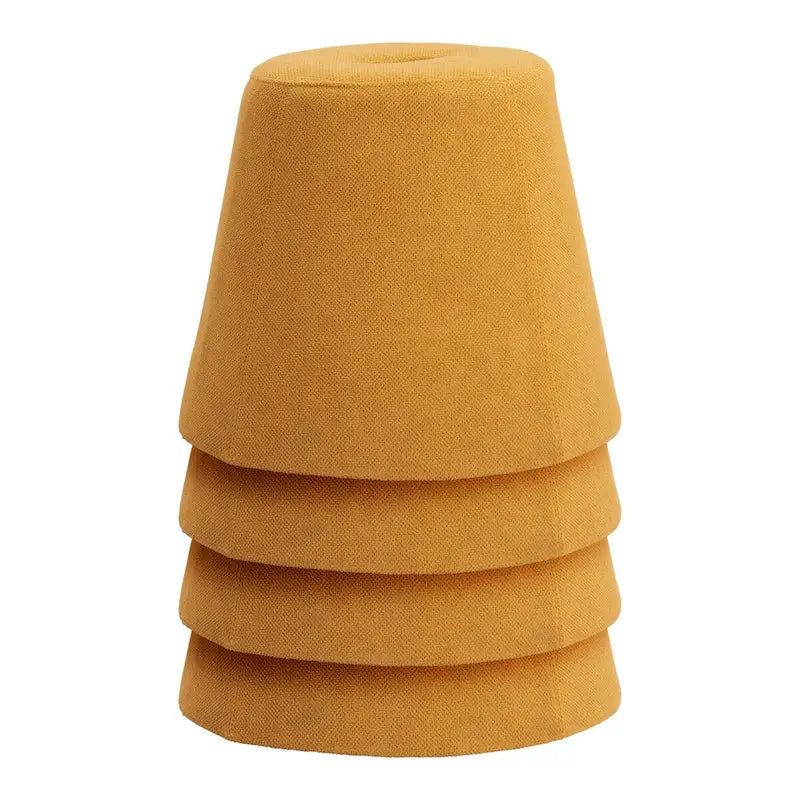 Pouf in tessuto giallo con base in legno massello