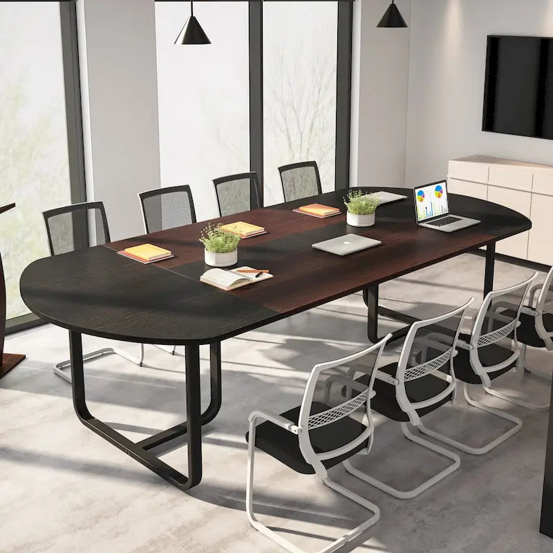6FT Curved Conference Table with Walnut and Black Veneer