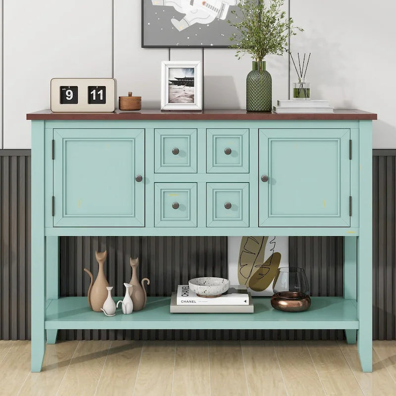 Antique Blue Buffet Sideboard Console Table with Storage Drawers and Bottom Shelf