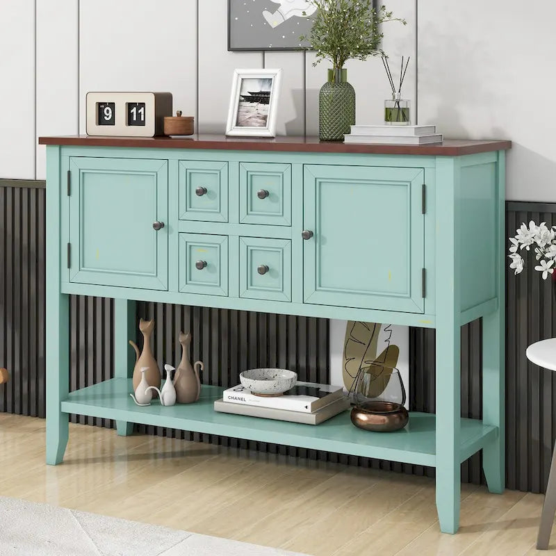 Antique Blue Buffet Sideboard Console Table with Storage Drawers and Bottom Shelf
