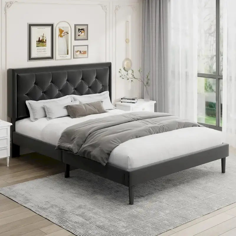 Upholstered Bed Frame with Button-Tufted Velvet Headboard