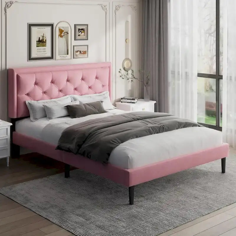 Upholstered Bed Frame with Button-Tufted Velvet Headboard