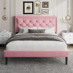 Upholstered Bed Frame with Button-Tufted Velvet Headboard