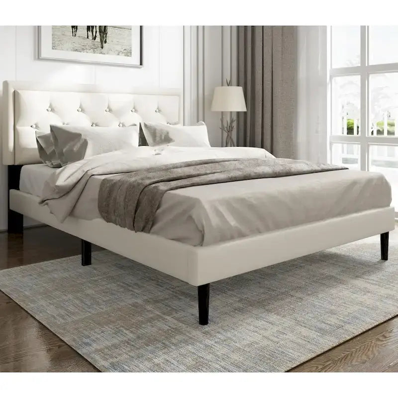 Upholstered Bed Frame with Button-Tufted Velvet Headboard