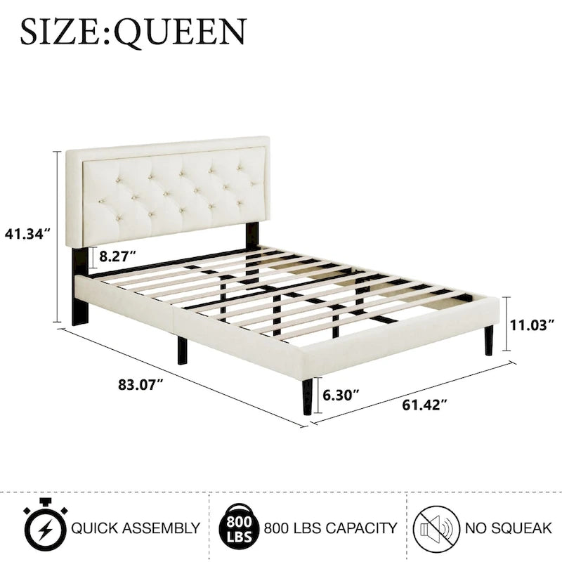 Upholstered Bed Frame with Button-Tufted Velvet Headboard