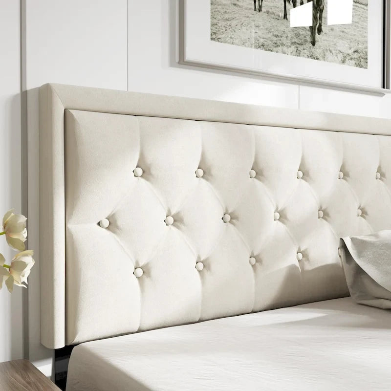 Upholstered Bed Frame with Button-Tufted Velvet Headboard