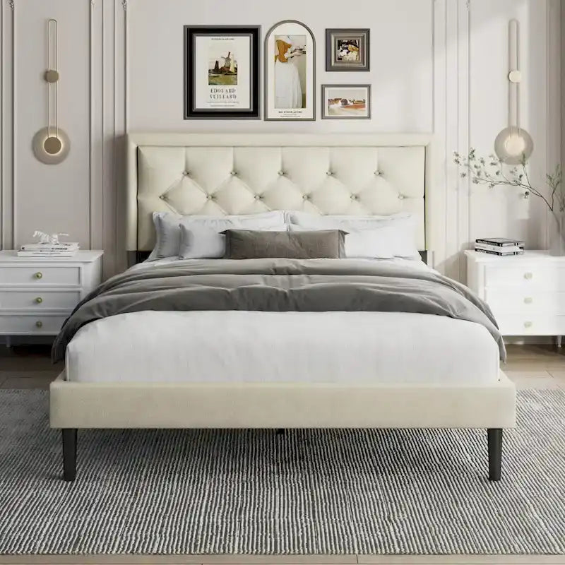 Upholstered Bed Frame with Button-Tufted Velvet Headboard