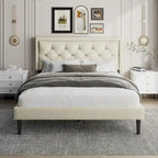 Upholstered Bed Frame with Button-Tufted Velvet Headboard