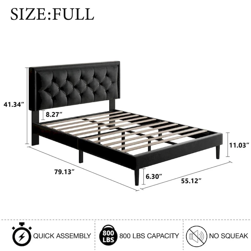 Upholstered Bed Frame with Button-Tufted Velvet Headboard