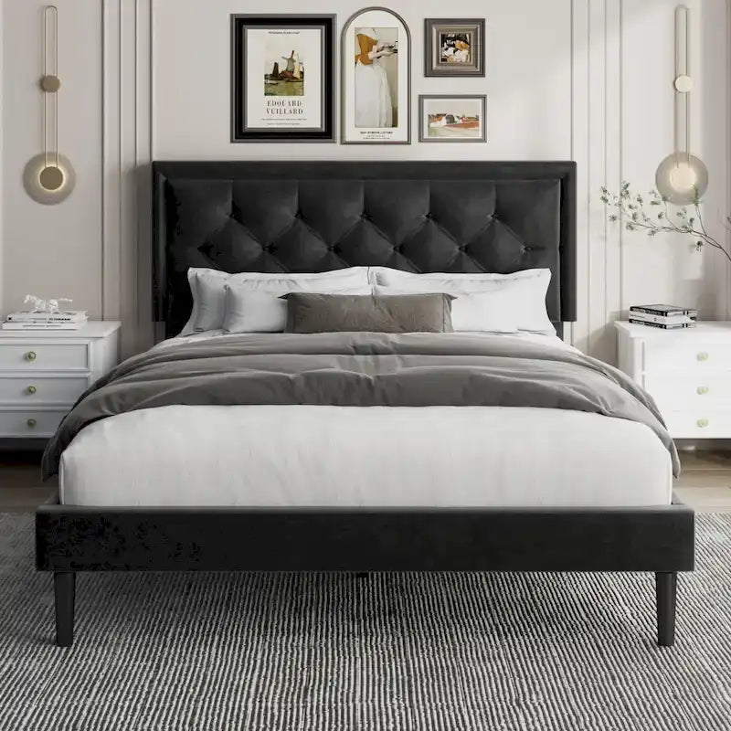 Upholstered Bed Frame with Button-Tufted Velvet Headboard