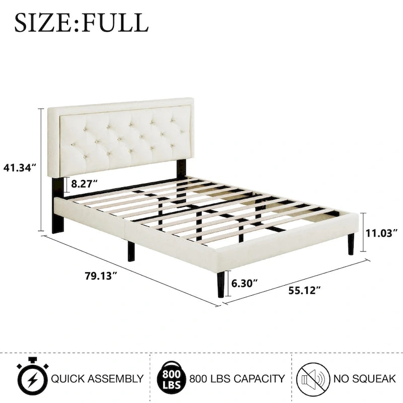 Upholstered Bed Frame with Button-Tufted Velvet Headboard