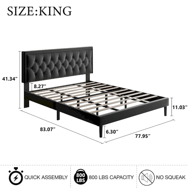 Upholstered Bed Frame with Button-Tufted Velvet Headboard
