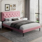 Upholstered Bed Frame with Button-Tufted Velvet Headboard