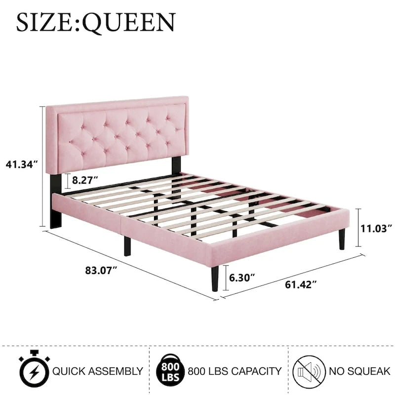 Upholstered Bed Frame with Button-Tufted Velvet Headboard