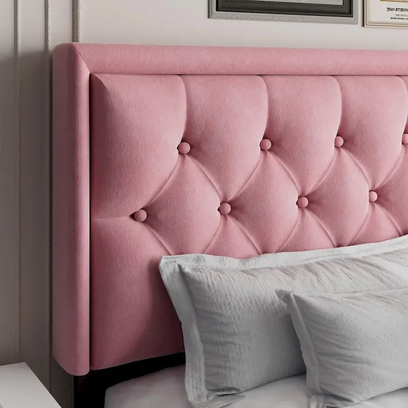 Upholstered Bed Frame with Button-Tufted Velvet Headboard