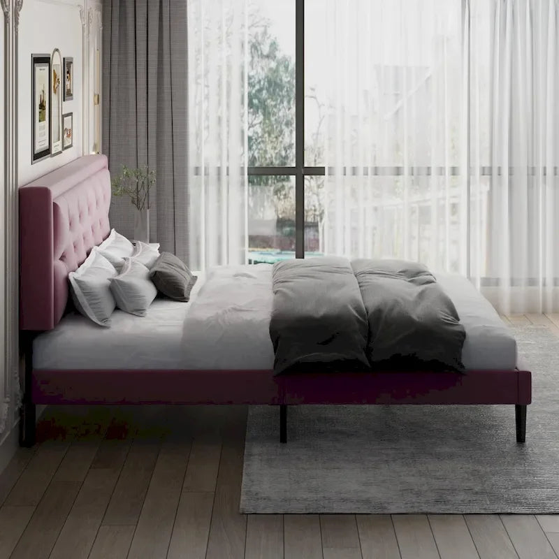 Upholstered Bed Frame with Button-Tufted Velvet Headboard
